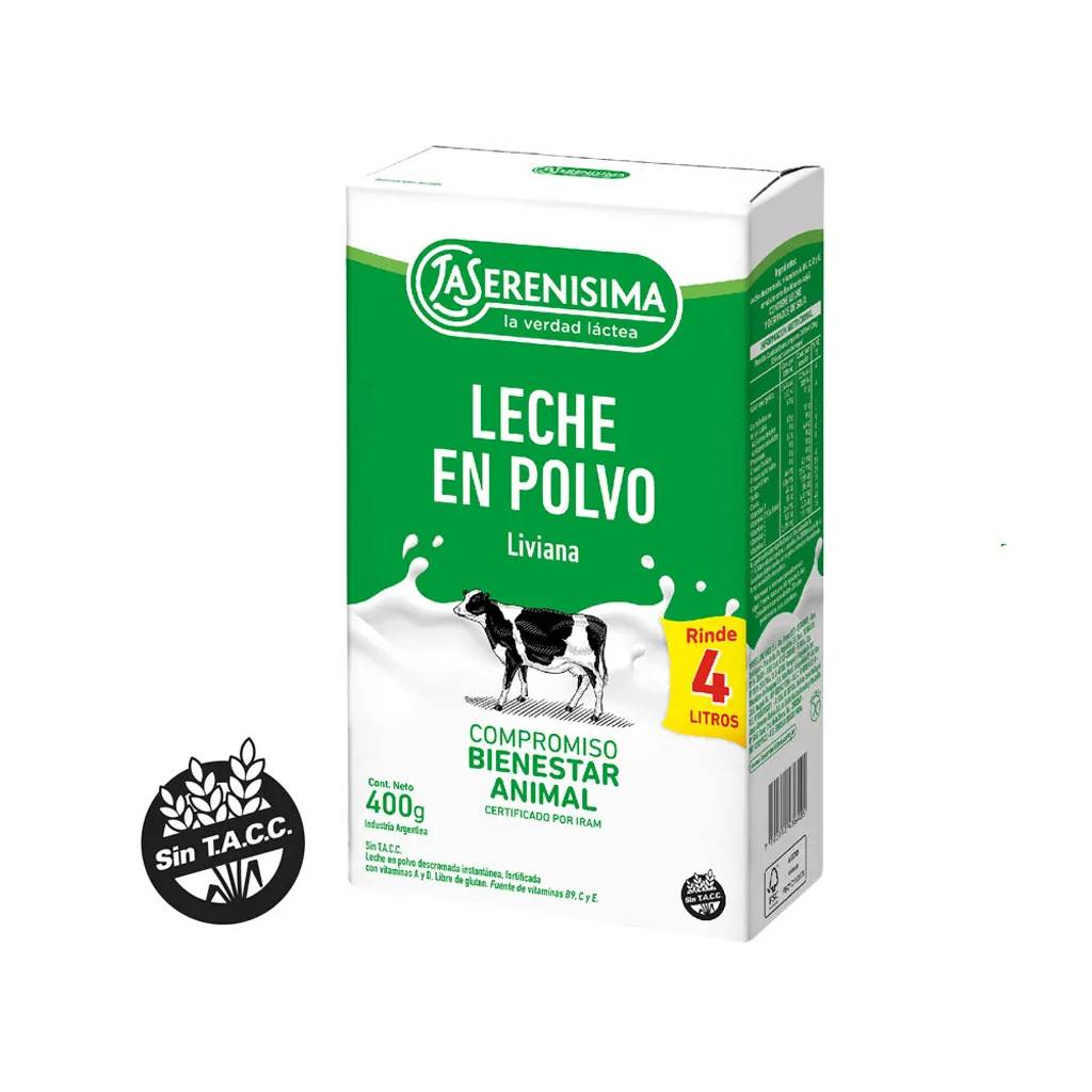 Leche en polvo descremada La Serenisima Fortificada con vitamina A, B9, C, D y E. Estuche 400g